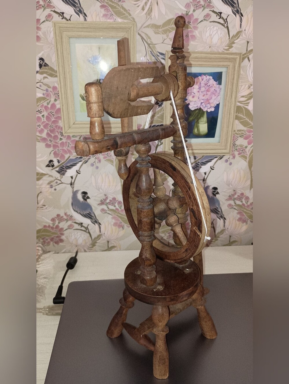 Vintage Miniature Rustic Brown Wooden Spinning Wheel Sculpture - Home Art